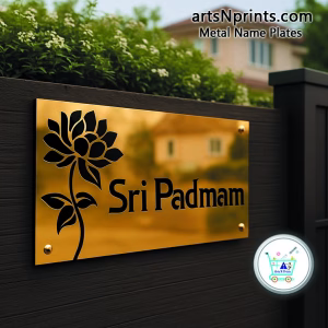 "Sri Padmam" Titanium Gold Metal Engraved Outdoor Name Plate for House by artsNprints.com