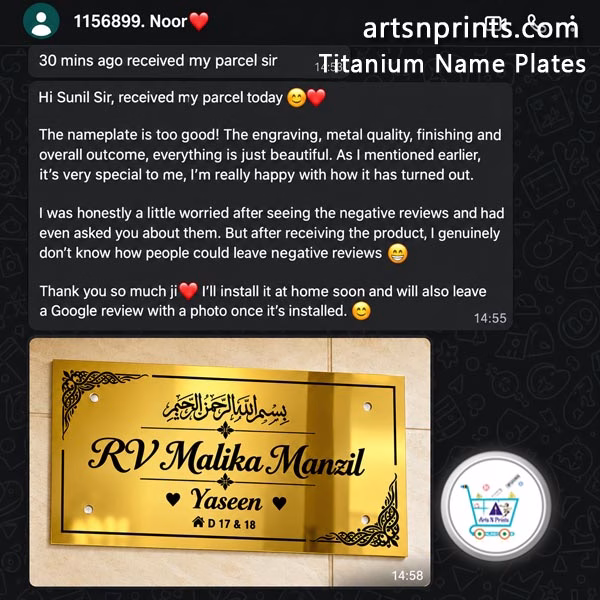 Customer review and WhatsApp testimonial for artsNprints titanium metal house name plates.